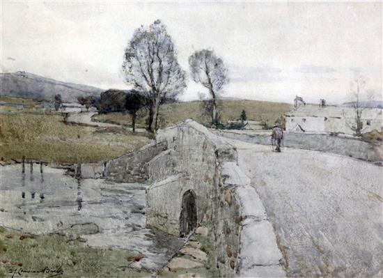 Samuel John Lamorna Birch (1869-1955) Figure crossing a stone bridge 10.5 x 14.5in.